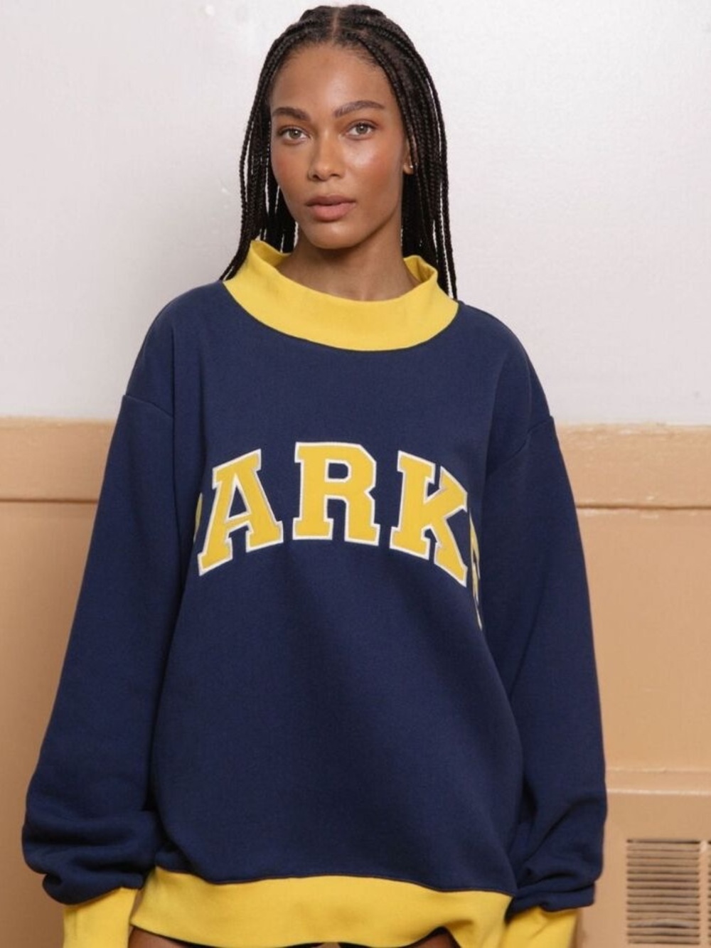 Parke Two Tone Varsity Mockneck Sweatshirt - Navy/Yellow - Size L/XL - Picture 2 of 12
